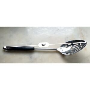 Vintage EKCO Slotted Serving Spoon Stainless USA Black Handle MCM 12”